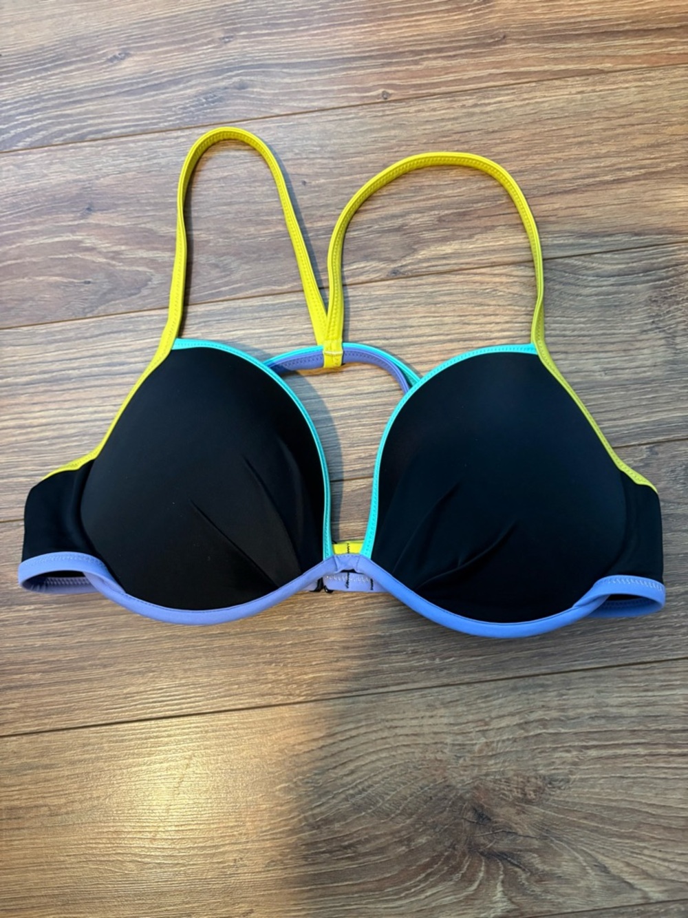 Victoria's Secret Black Bikini Top with Yellow, Blue and Aqua Trim